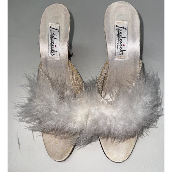 VTG Fredericks Of Hollywood Heels Size 7 Maribou Feathers Boa White Satin Fairy - Picture 1 of 8